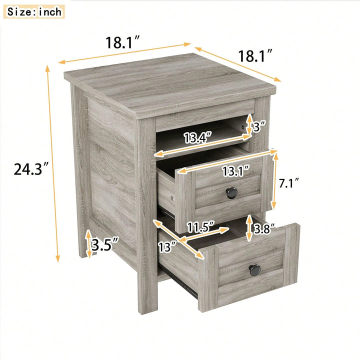 2-Drawer Farmhouse Wooden Nightstand With Well-Proportioned Design And Sleek Lines, Wood Side Table With Storage Cabinet Image 6