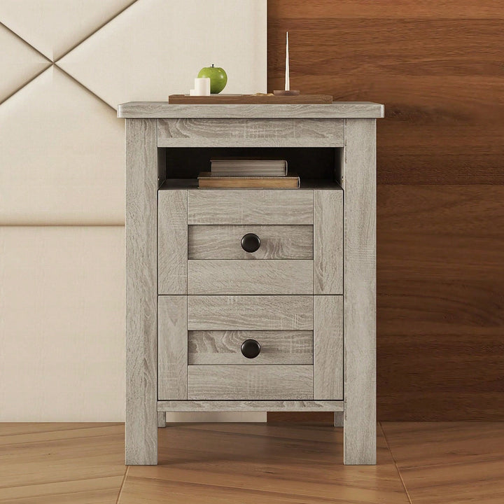 2-Drawer Farmhouse Wooden Nightstand With Well-Proportioned Design And Sleek Lines, Wood Side Table With Storage Cabinet Image 7