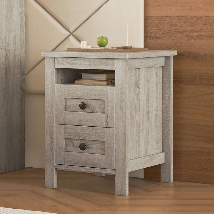 2-Drawer Farmhouse Wooden Nightstand With Well-Proportioned Design And Sleek Lines, Wood Side Table With Storage Cabinet Image 8