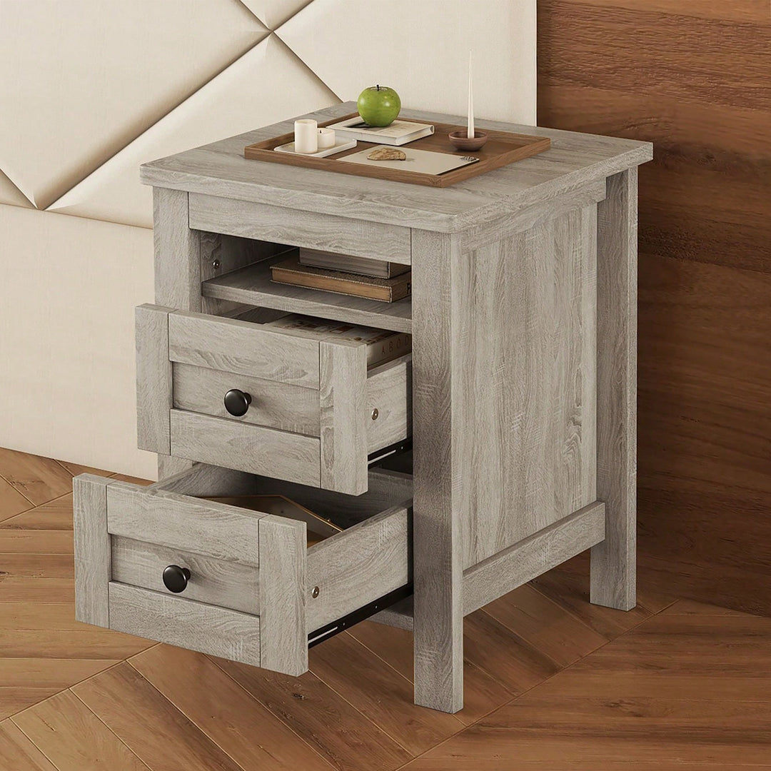 2-Drawer Farmhouse Wooden Nightstand With Well-Proportioned Design And Sleek Lines, Wood Side Table With Storage Cabinet Image 9