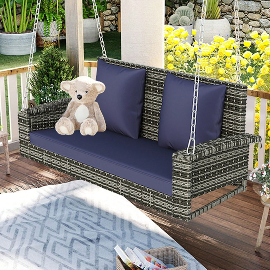 2-Person Wicker Hanging Porch Swing With Chains, Cushion, Pillow, Rattan Swing Bench For Garden, Backyard, Pond Image 1