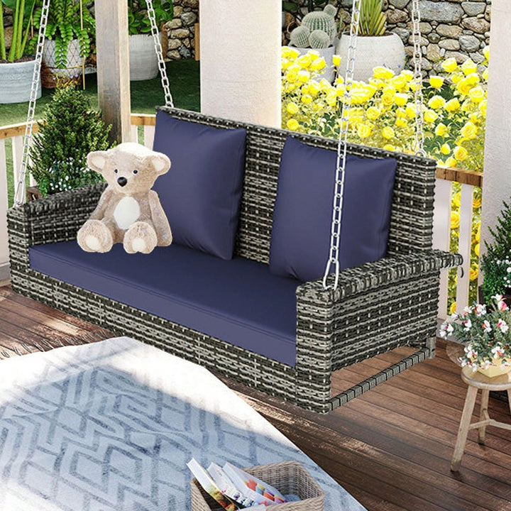 2-Person Wicker Hanging Porch Swing With Chains, Cushion, Pillow, Rattan Swing Bench For Garden, Backyard, Pond Image 8