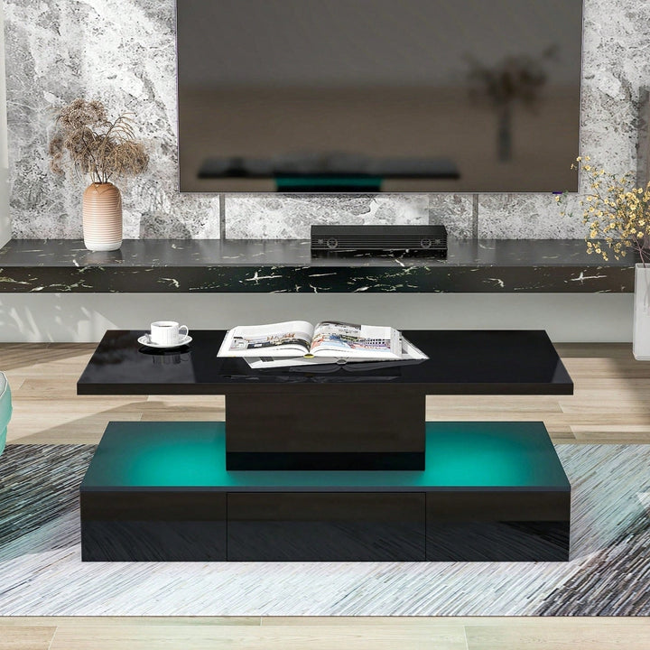 2-Tier Rectangle Center Table With Plug-In 16 Colors LED Lighting For Living Room, Modern Glossy Coffee Table With Image 6