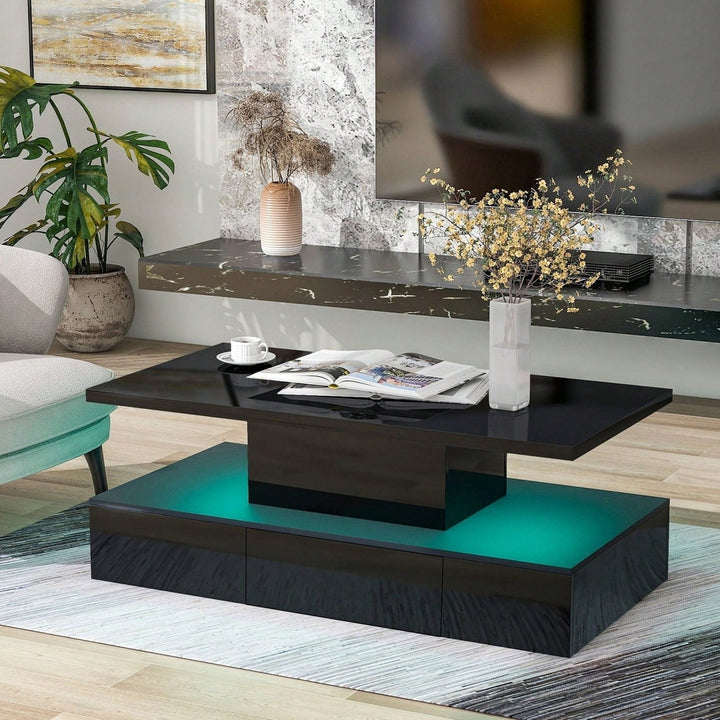 2-Tier Rectangle Center Table With Plug-In 16 Colors LED Lighting For Living Room, Modern Glossy Coffee Table With Image 7