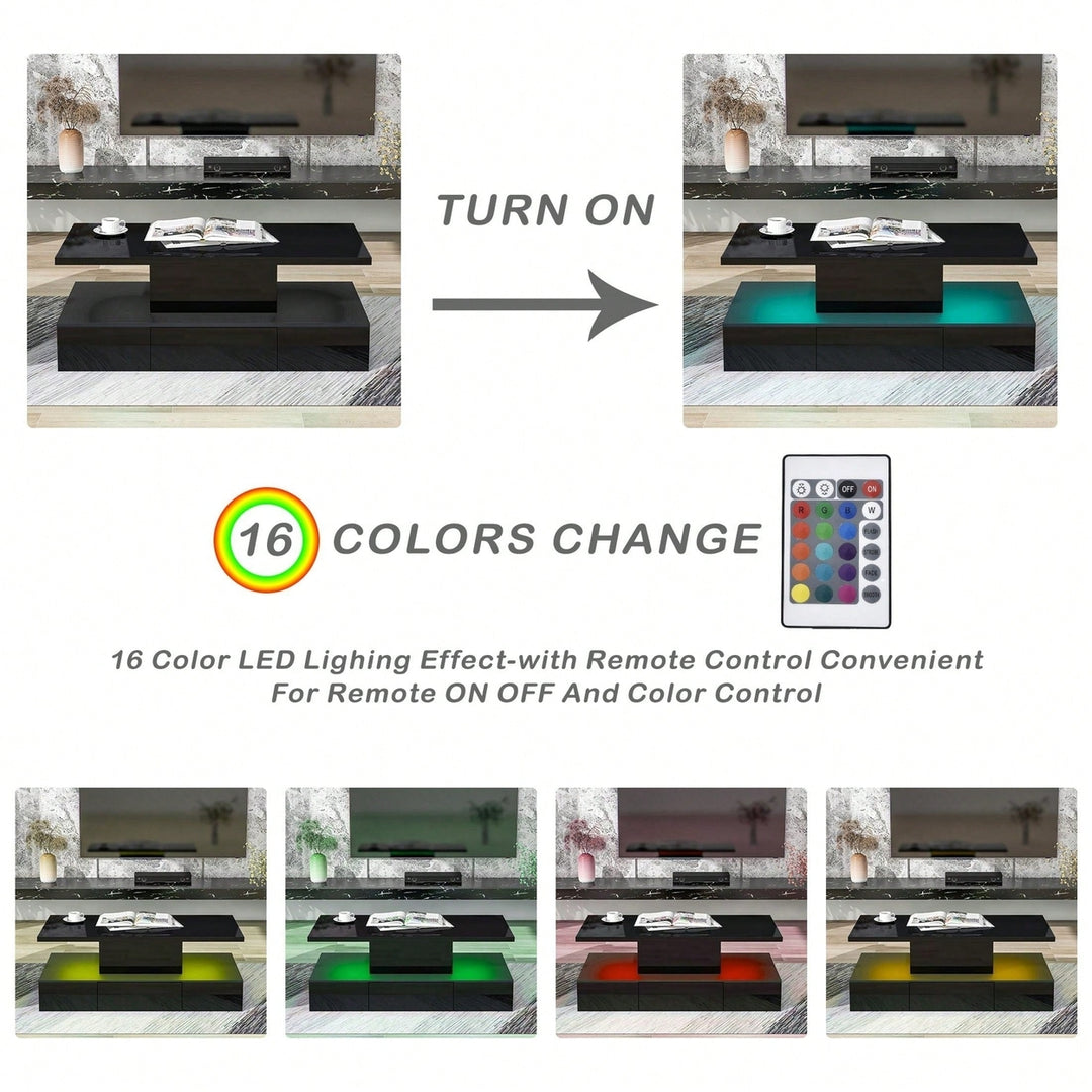 2-Tier Rectangle Center Table With Plug-In 16 Colors LED Lighting For Living Room, Modern Glossy Coffee Table With Image 12