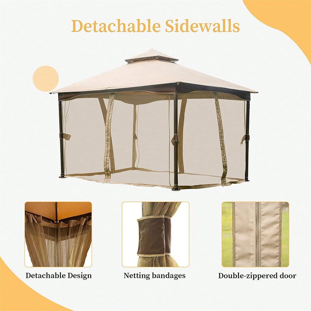 10x13 Metal Frame Outdoor Gazebo with Mosquito Netting Double Roof Canopy for Deck Backyard Garden Image 2