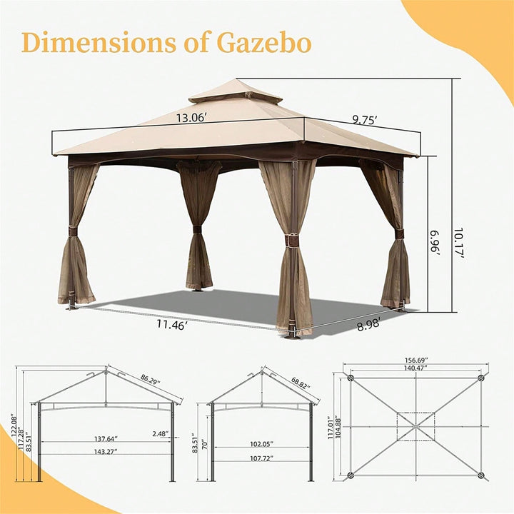 10x13 Metal Frame Outdoor Gazebo with Mosquito Netting Double Roof Canopy for Deck Backyard Garden Image 3