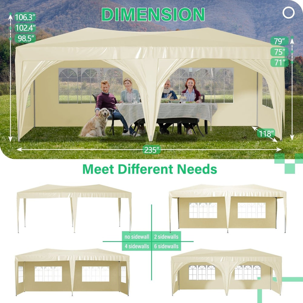 10x20 Beige Pop Up Canopy Tent with 6 Sidewalls Waterproof Commercial Outdoor Shelter Adjustable Heights Carry Bag Sand Image 2