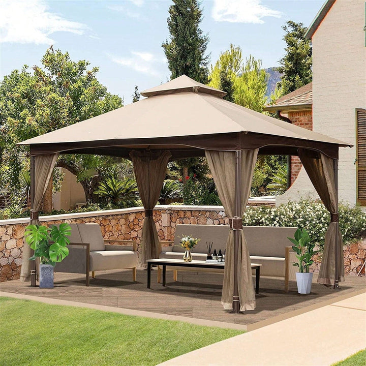 10x13 Metal Frame Outdoor Gazebo with Mosquito Netting Double Roof Canopy for Deck Backyard Garden Image 6