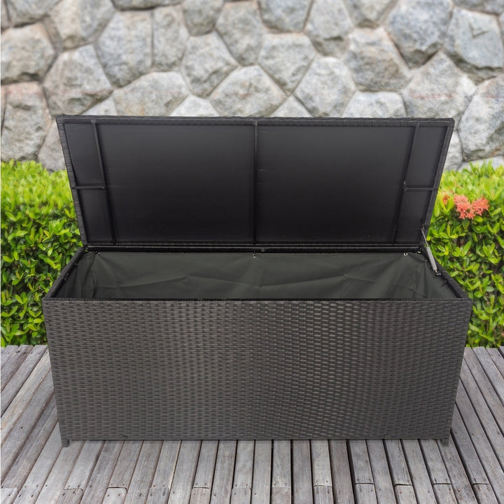 113 Gallon Outdoor Storage Box - Wicker Patio Deck Container with Lid for Cushions, Toys, Towels - Stylish Black Storage Image 1