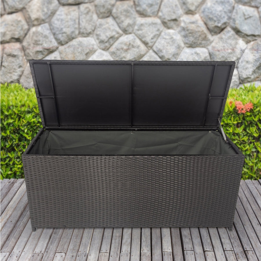 113 Gallon Outdoor Storage Box - Wicker Patio Deck Container with Lid for Cushions, Toys, Towels - Stylish Black Storage Image 1