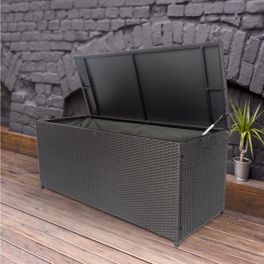 113 Gallon Outdoor Storage Box - Wicker Patio Deck Container with Lid for Cushions, Toys, Towels - Stylish Black Storage Image 2