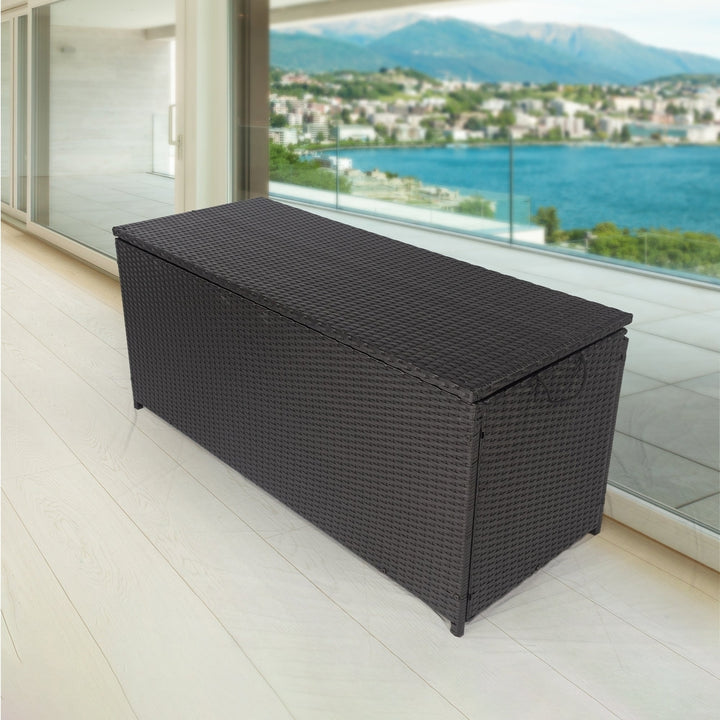 113 Gallon Outdoor Storage Box - Wicker Patio Deck Container with Lid for Cushions, Toys, Towels - Stylish Black Storage Image 3