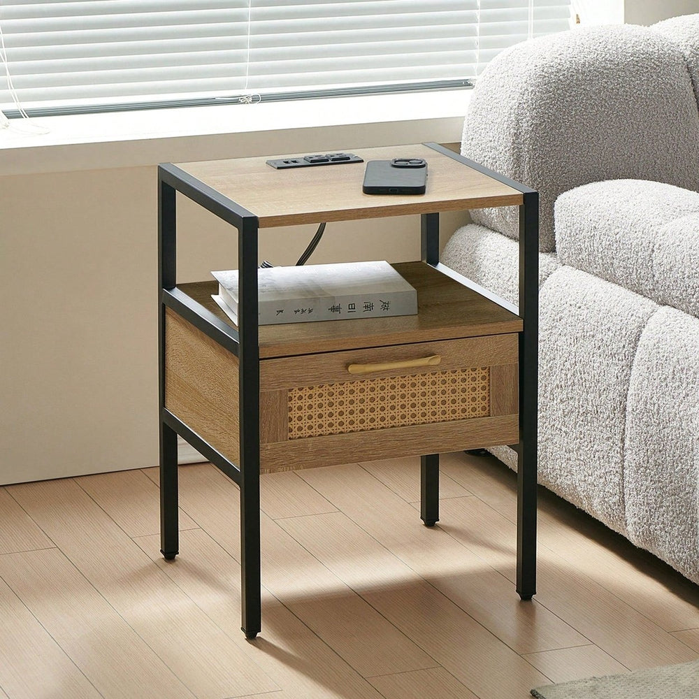 15.75" Rattan End Table With Power Outlet and USB Ports , Modern Nightstand With Drawer And Metal Legs, Side Table For Image 2