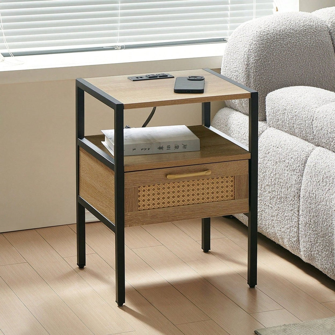 15.75" Rattan End Table With Power Outlet and USB Ports , Modern Nightstand With Drawer And Metal Legs, Side Table For Image 1