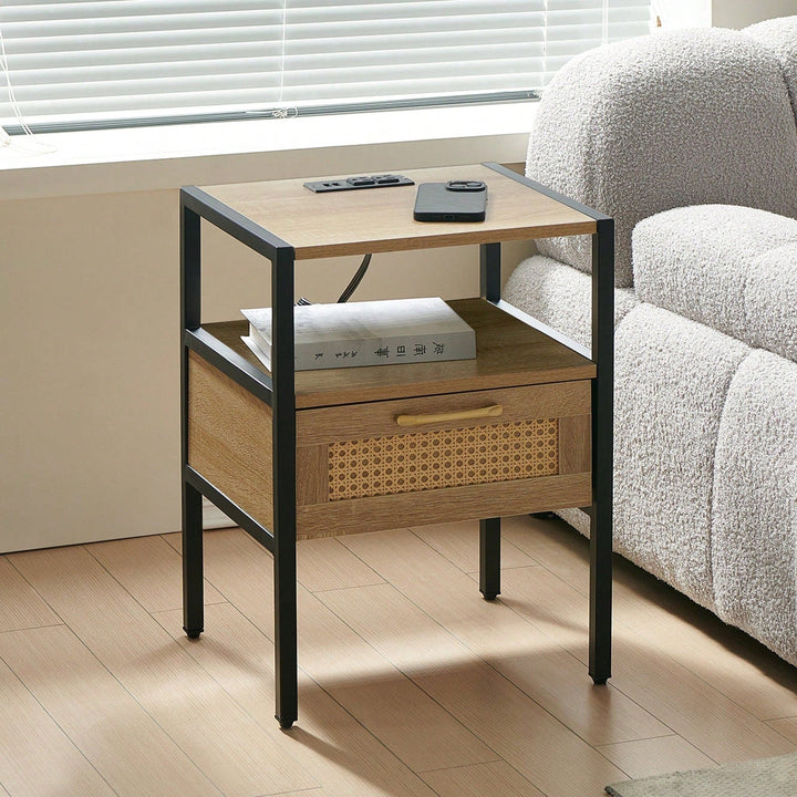 15.75" Rattan End Table With Power Outlet and USB Ports , Modern Nightstand With Drawer And Metal Legs, Side Table For Image 2