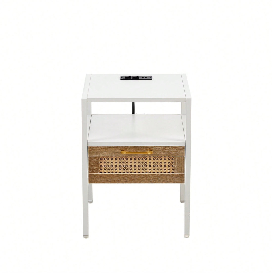 15.75" Rattan End Table With Power Outlet and USB Ports , Modern Nightstand With Drawer And Metal Legs, Side Table For Image 7