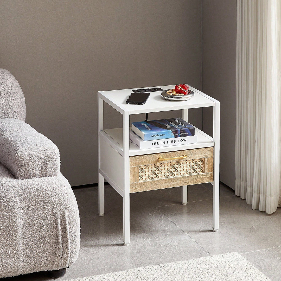 15.75" Rattan End Table With Power Outlet and USB Ports , Modern Nightstand With Drawer And Metal Legs, Side Table For Image 9