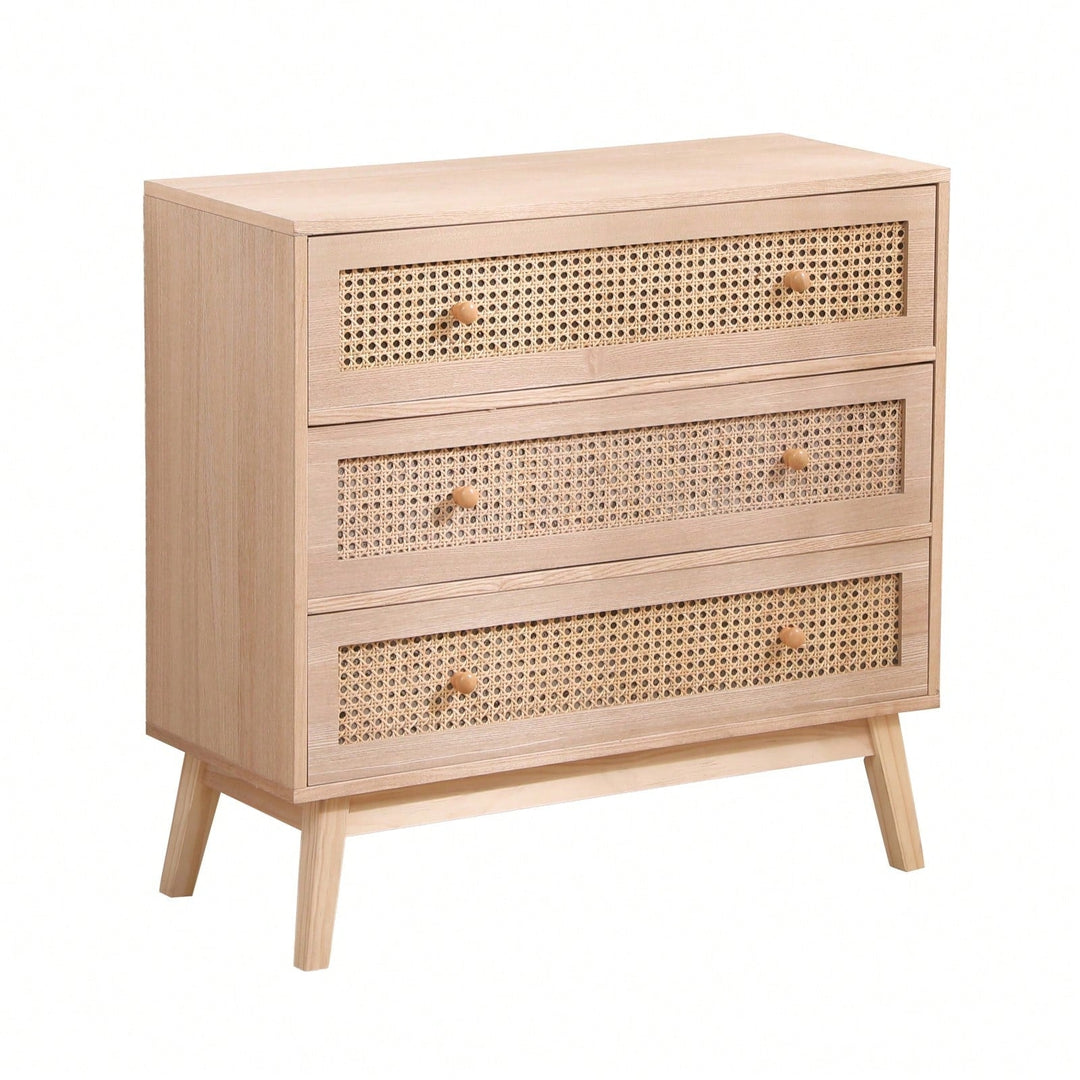 31.5 Inch Rattan Storage Cabinet with 3 Drawers Stylish Wood Accent Table for Bedroom Living Room Hallway Image 3