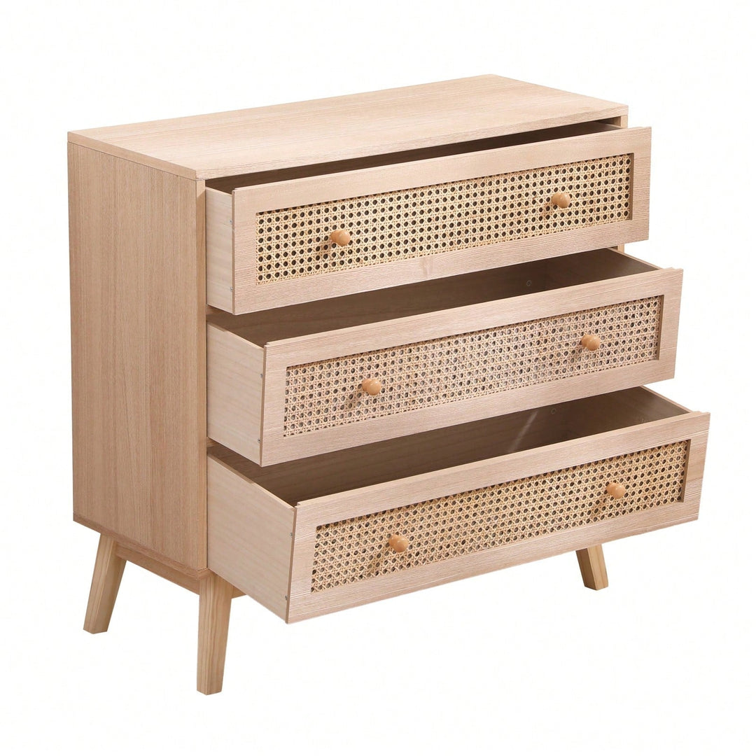 31.5 Inch Rattan Storage Cabinet with 3 Drawers Stylish Wood Accent Table for Bedroom Living Room Hallway Image 4