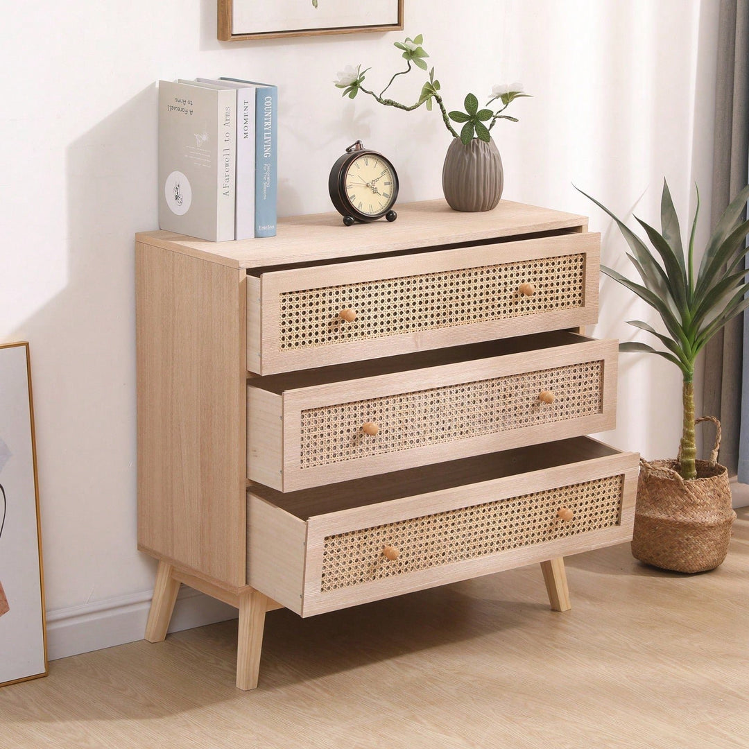 31.5 Inch Rattan Storage Cabinet with 3 Drawers Stylish Wood Accent Table for Bedroom Living Room Hallway Image 5