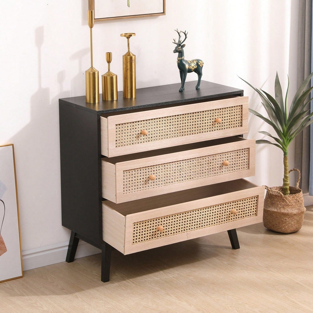 31.5 Inch Rattan Storage Cabinet with 3 Drawers Stylish Wood Accent Table for Bedroom Living Room Hallway Image 10