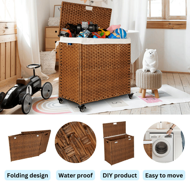 160L Laundry Hamper With Lid, Removable Bags, Wheels Image 3