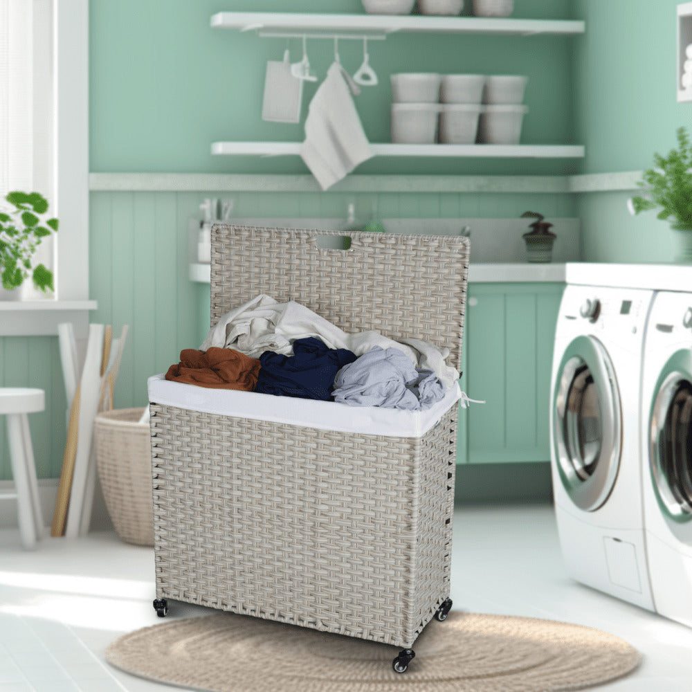 160L Laundry Hamper With Lid, Removable Bags, Wheels Image 9