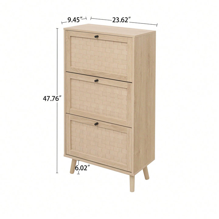 3 Door Shoe Rack Freestanding Modern Shoe Storage Cabinet For Entryway Double Shelf With Compartment Pine Feet Foot Pads Image 4