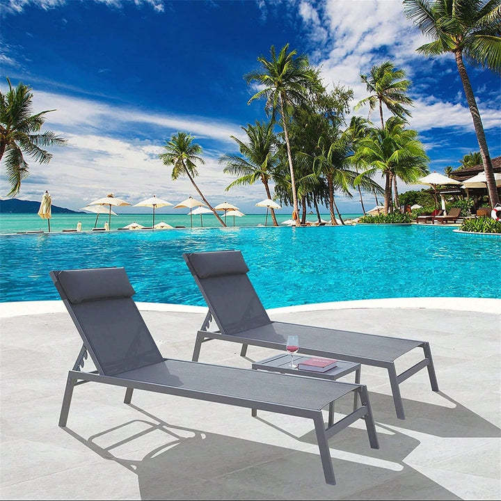 3 Pieces Adjustable Backrest Pool Lounge Chairs Steel Textilene Sunbathing Recliner With Headrest (Grey,2 Lounge Chair+1 Image 1