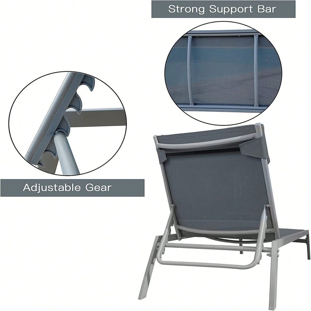 3 Pieces Adjustable Backrest Pool Lounge Chairs Steel Textilene Sunbathing Recliner With Headrest (Grey,2 Lounge Chair+1 Image 6