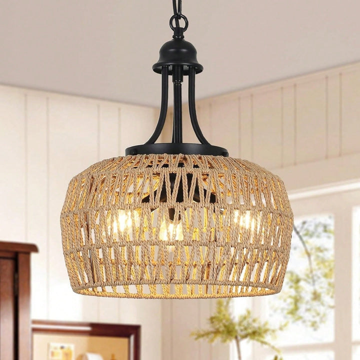 3-Light Boho Rattan Chandelier Light Fixture, Natural Rattan Pendant Light With Woven Lampshade For Kitchen Bedroom Image 1