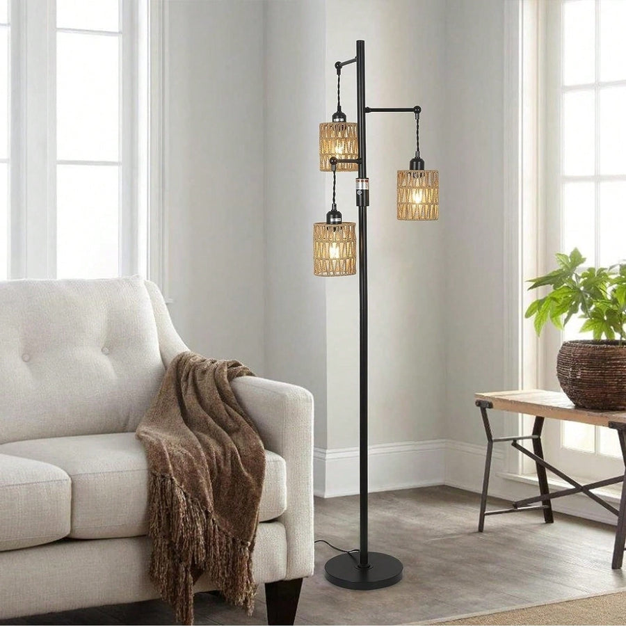 3-Light Dimmable Floor Lamp With Rattan Shade For Living Room, Bedroom, Nursery, Office, Corridor Image 1