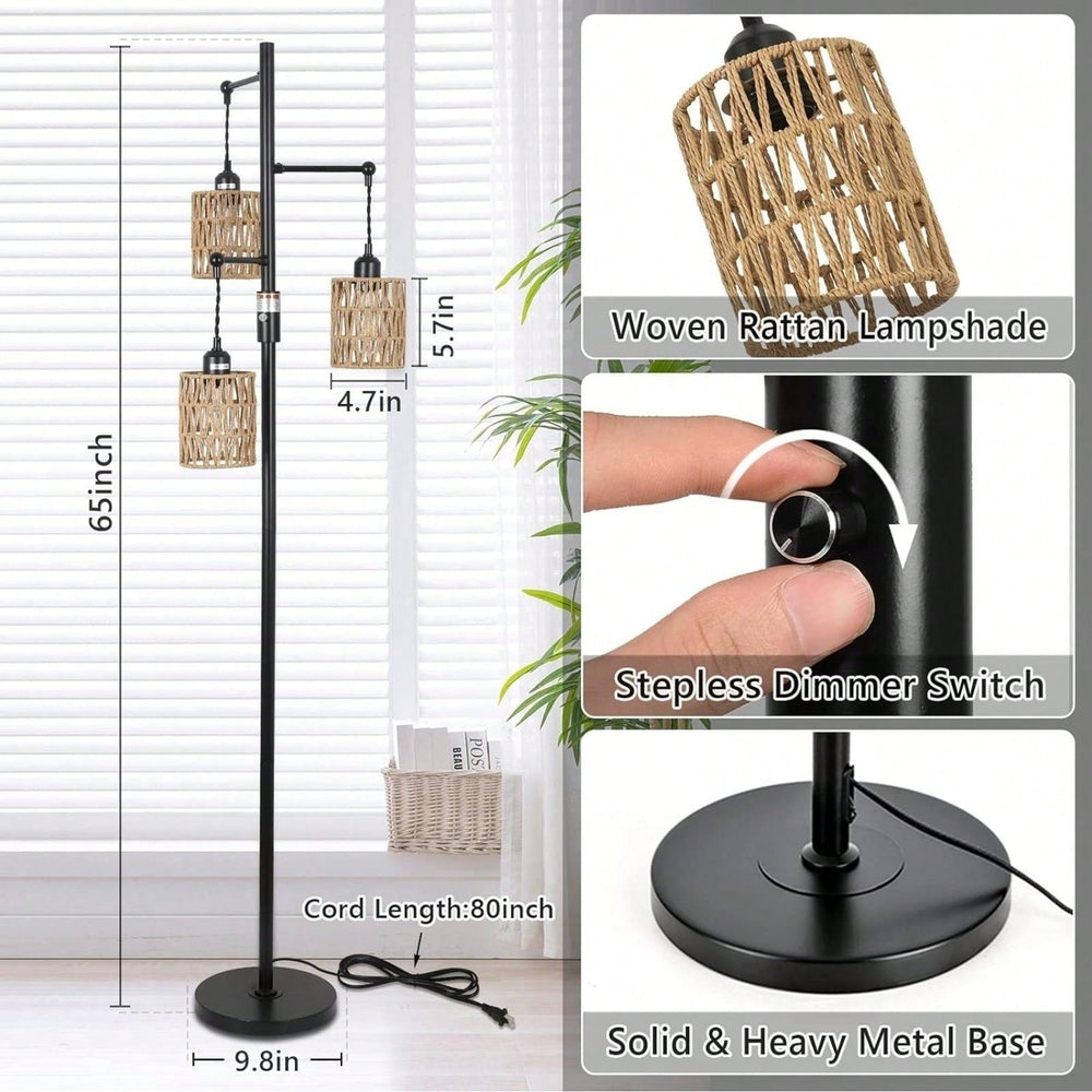 3-Light Dimmable Floor Lamp With Rattan Shade For Living Room, Bedroom, Nursery, Office, Corridor Image 2