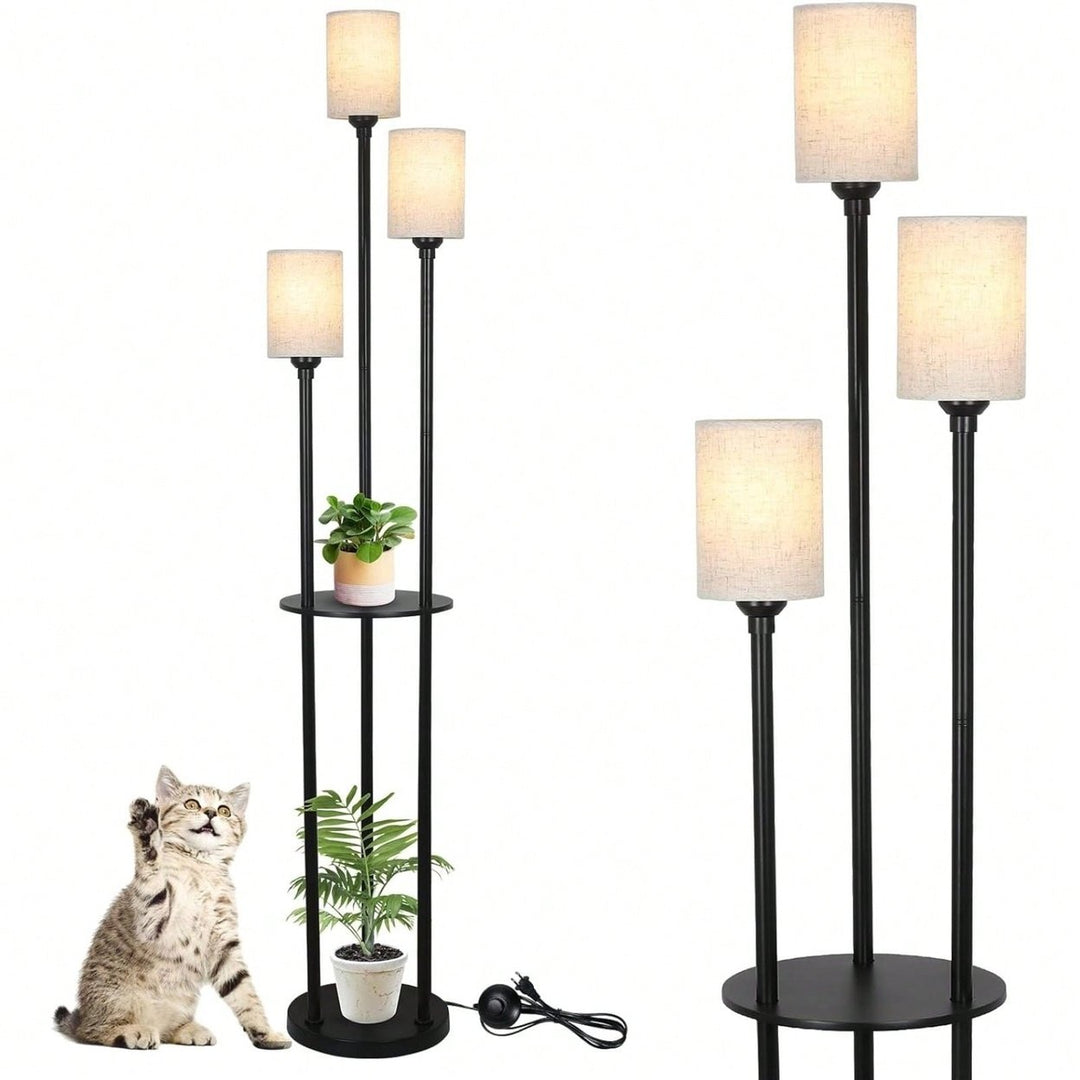 3-Light Floor Lamp With Shelves, Modern Floor Lamps For Living Room, Black Tall Table Lamp For Office Image 1