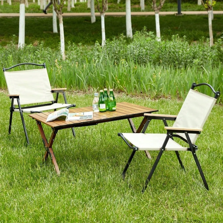 3-Piece Folding Outdoor Table And Chairs Set, Lightweight Aluminum Roll-Up Square For Camping And Picnics, Brown/Beige Image 2