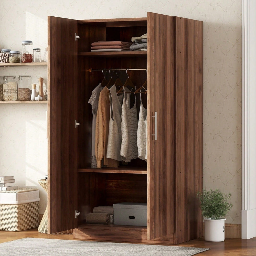 3-Shelf Wooden Wardrobe With Hanging Rod Image 2