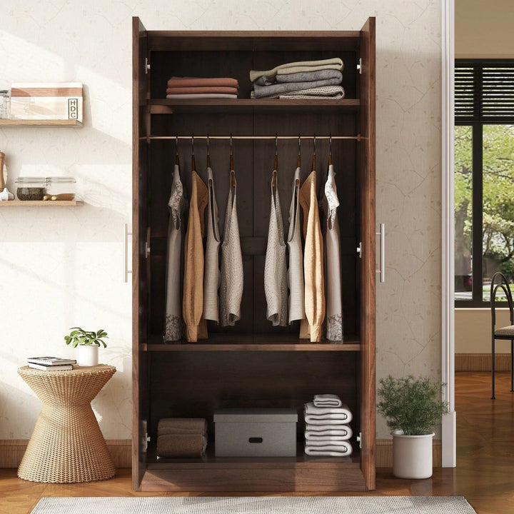 3-Shelf Wooden Wardrobe With Hanging Rod Image 3