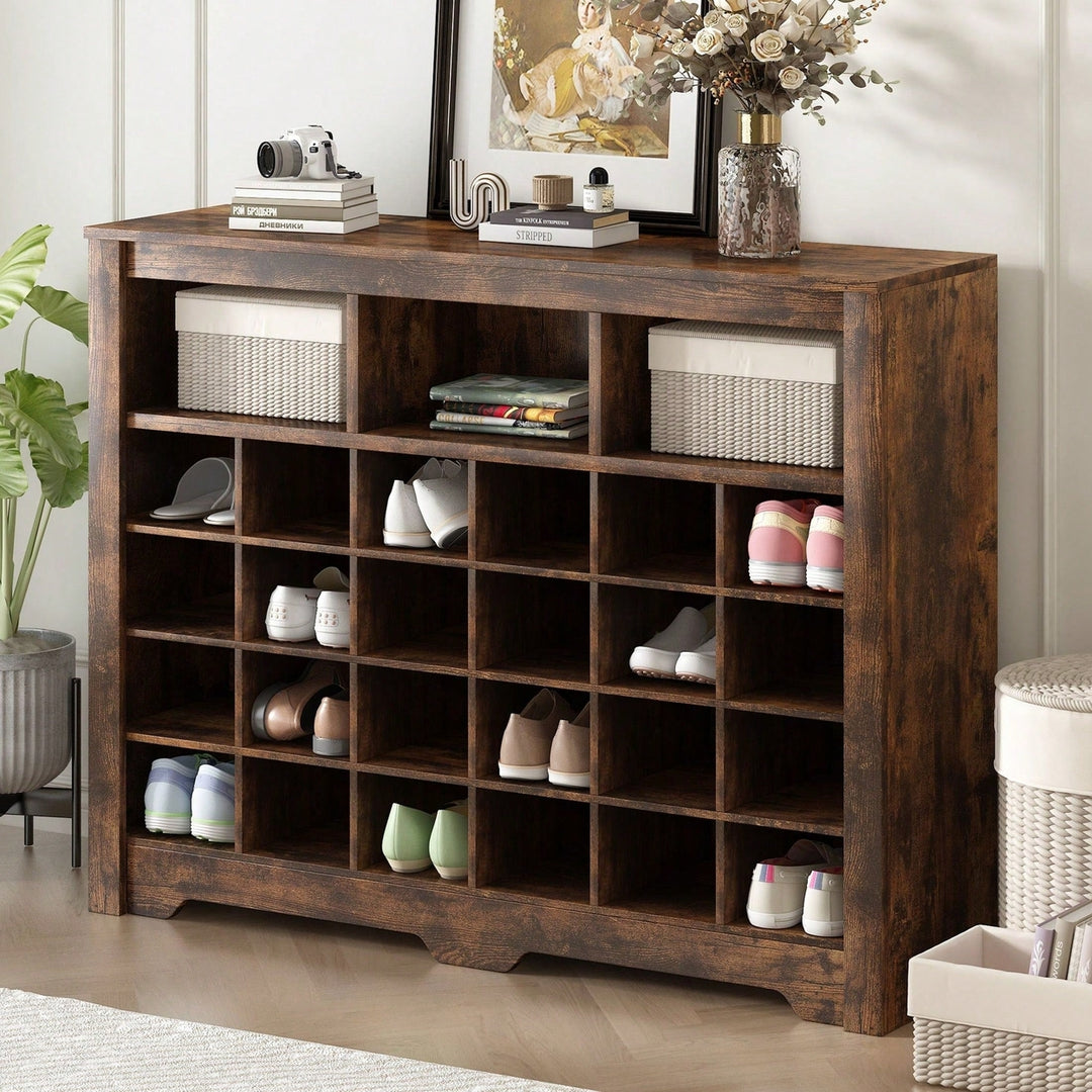 24 Shoe Cubby Console, Modern Shoe Cabinet With Curved Base, Versatile Sideboard For Hallway, Bedroom, Living Room Image 3