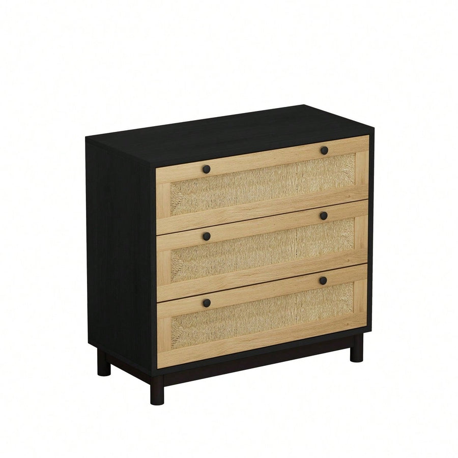 30 Inch Black Woven Storage Cabinet with 3 Easy Glide Drawers for Bedroom Living Room or Dining Room Image 1