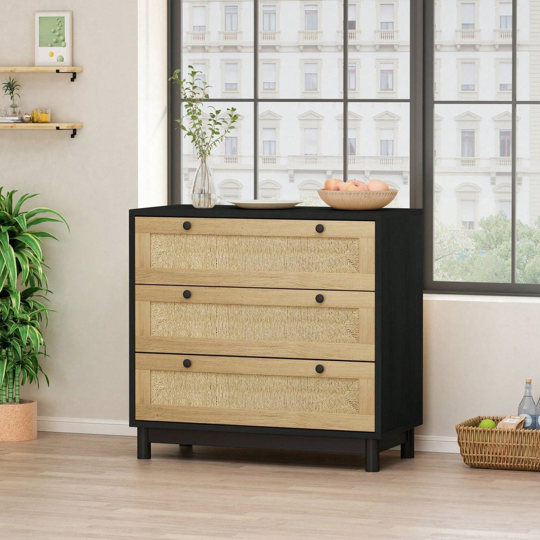 30 Inch Black Woven Storage Cabinet with 3 Easy Glide Drawers for Bedroom Living Room or Dining Room Image 4