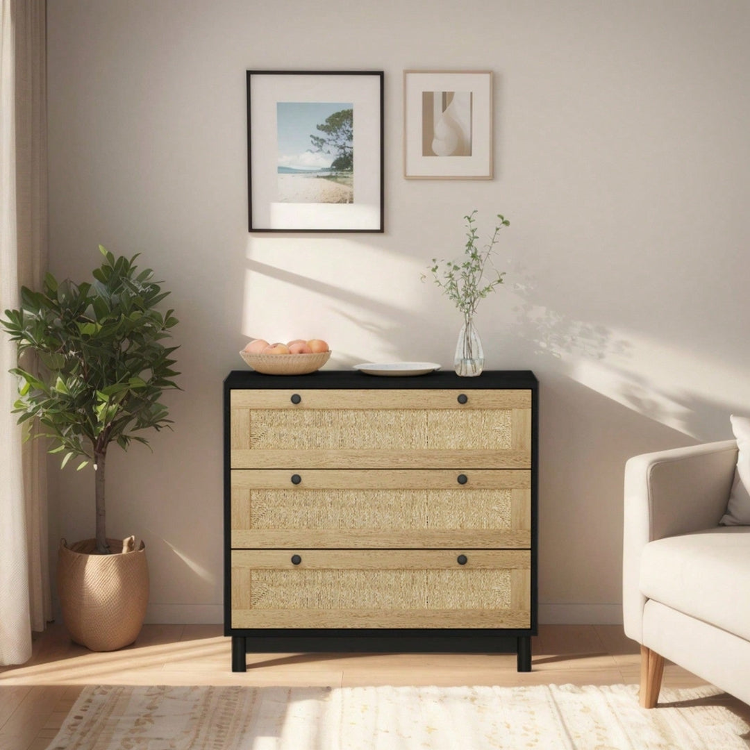 30 Inch Black Woven Storage Cabinet with 3 Easy Glide Drawers for Bedroom Living Room or Dining Room Image 6