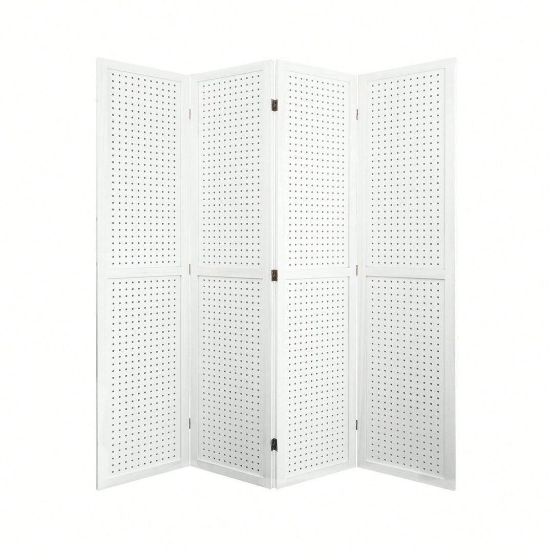 4 Panel Wooden Pegboard Room Divider 5.6ft Folding Privacy Screen Freestanding Display for Trade Shows and Home Image 1