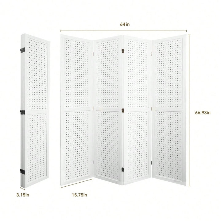 4 Panel Wooden Pegboard Room Divider 5.6ft Folding Privacy Screen Freestanding Display for Trade Shows and Home Image 5