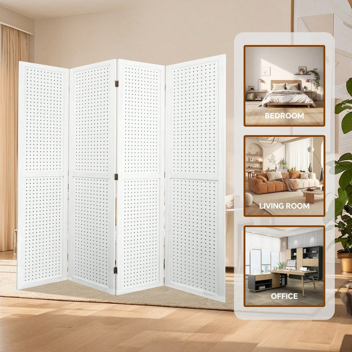 4 Panel Wooden Pegboard Room Divider 5.6ft Folding Privacy Screen Freestanding Display for Trade Shows and Home Image 6