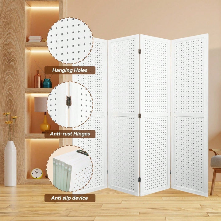 4 Panel Wooden Pegboard Room Divider 5.6ft Folding Privacy Screen Freestanding Display for Trade Shows and Home Image 7