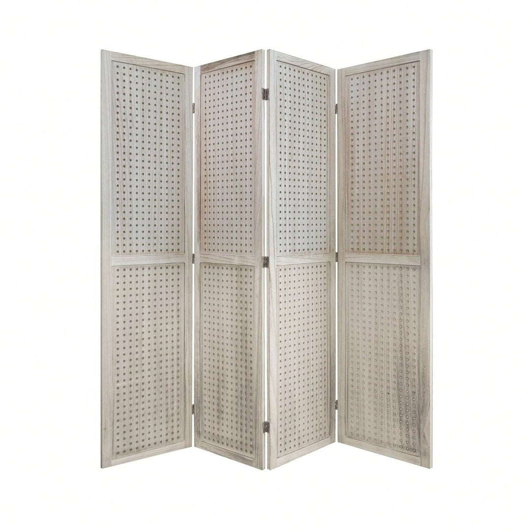 4 Panel Wooden Pegboard Room Divider 5.6ft Folding Privacy Screen Freestanding Display for Trade Shows and Home Image 8