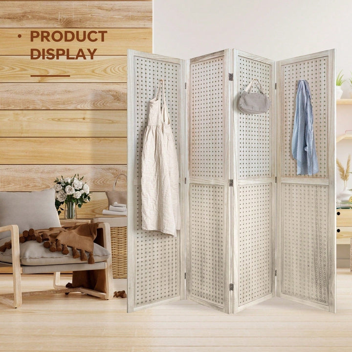 4 Panel Wooden Pegboard Room Divider 5.6ft Folding Privacy Screen Freestanding Display for Trade Shows and Home Image 9