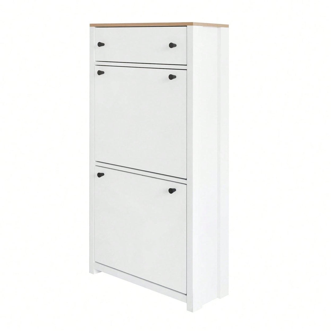 2 Flip Drawers Wood Grain Pattern Top Shoe Cabinet With Drawer, Free Standing Shoe Rack With Adjustable Panel For Image 8