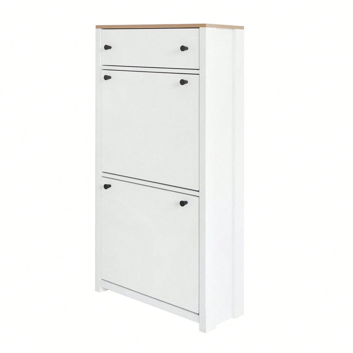 2 Flip Drawers Wood Grain Pattern Top Shoe Cabinet With Drawer, Free Standing Shoe Rack With Adjustable Panel For Image 8